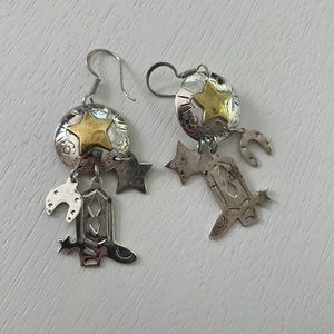 Mexico Taxco 925 Sterling Silver Vintage two tone cowboy boot horseshoe earrings